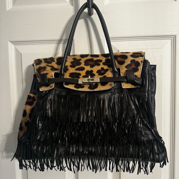 larettamia Handbags - Maximalist Style Larettamia Leopard and Black Fringe Shoulder Bag